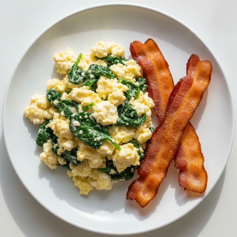 Cottage Cheese Egg Scramble with Sautéed Spinach and Turkey Bacon