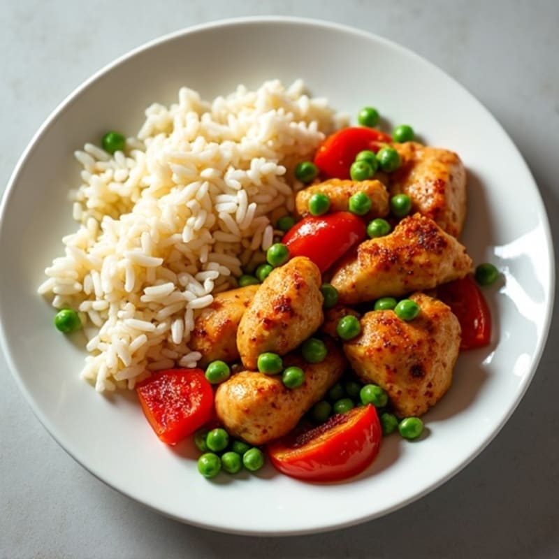 Tender Spiced Chicken and Fluffy Rice with Bell Peppers and Peas