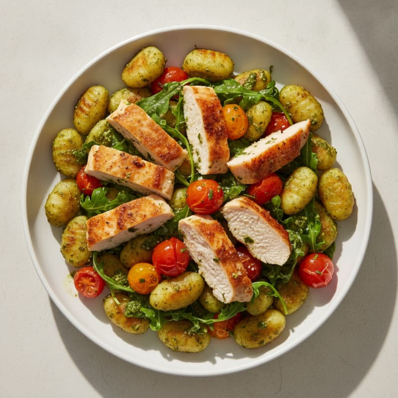 Gnocchi with Arugula Pesto and Cherry Tomatoes