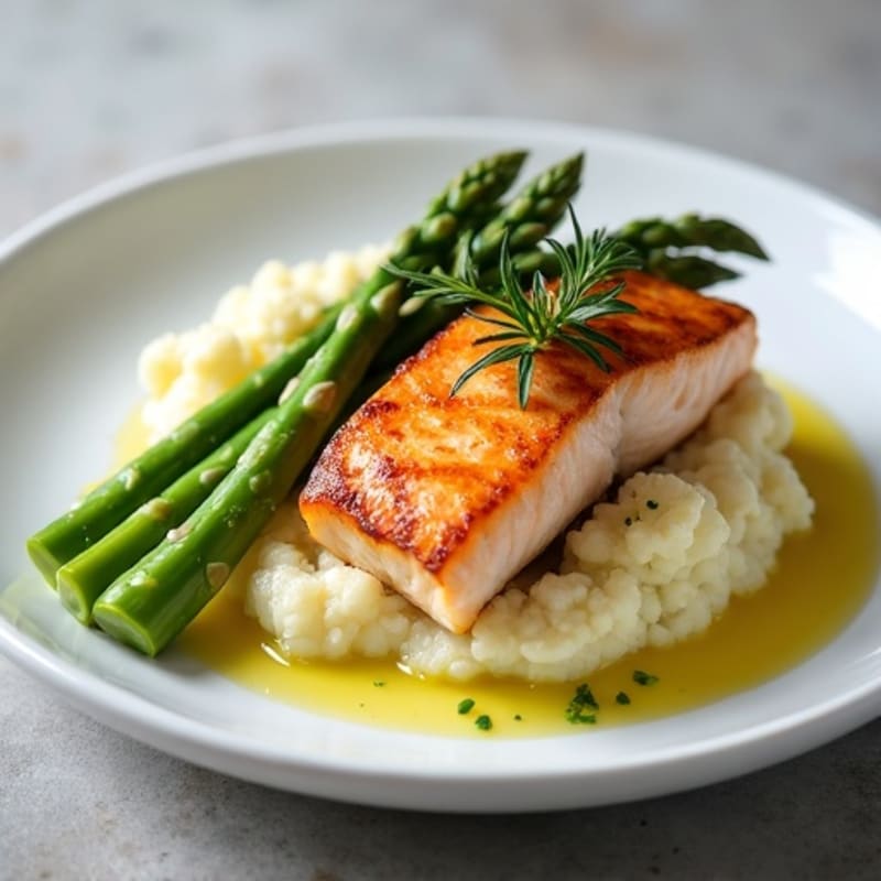 Seared Salmon with Steamed Asparagus and Cauliflower Mash