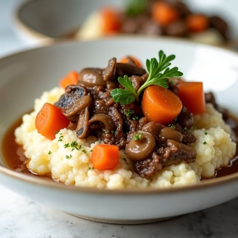 Hearty Beef and Mushroom Stew with Creamy Cauliflower Mash