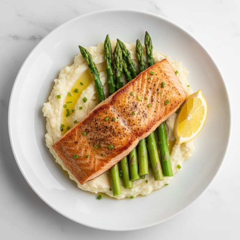 Seared Salmon with Steamed Asparagus and Garlic Mashed Cauliflower