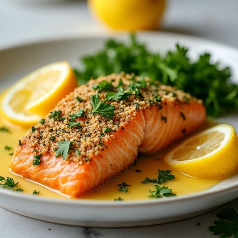 Herb-Crusted Baked Salmon with Lemon Garlic Sauce