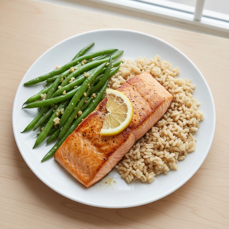 Seared Salmon with Garlic Green Beans and Steamed Brown Rice