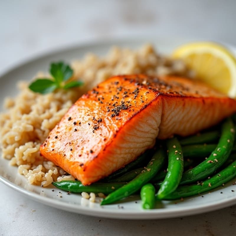 Seared Salmon with Steamed Green Beans and Brown Rice