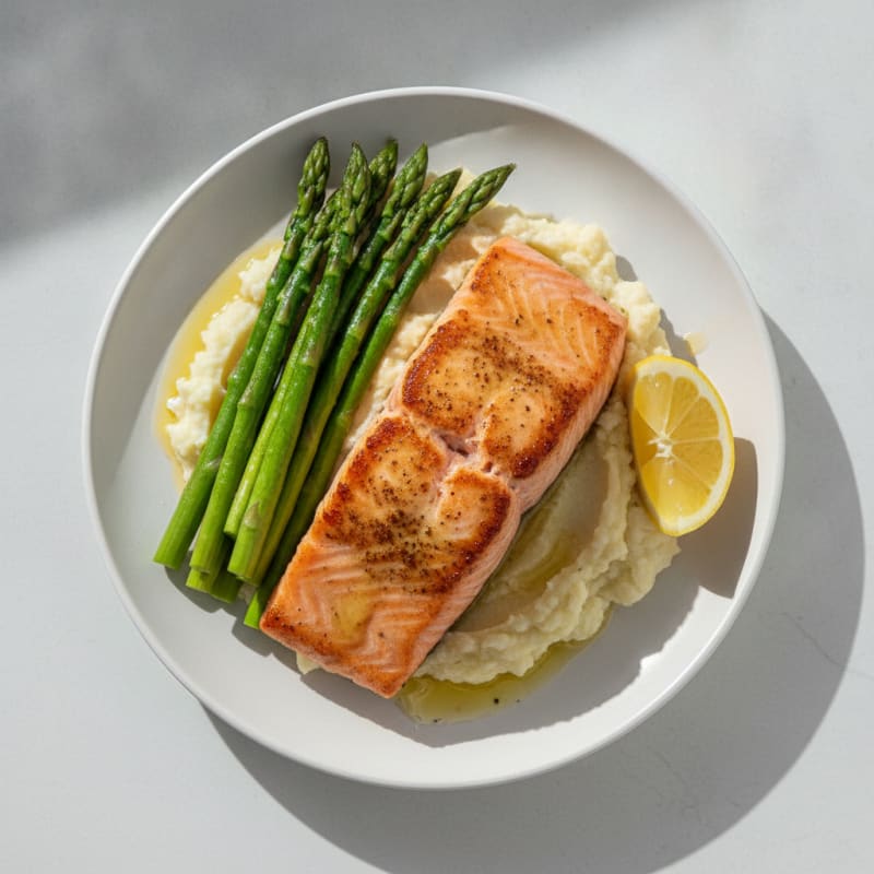 Seared Salmon with Steamed Asparagus and Cauliflower Mash