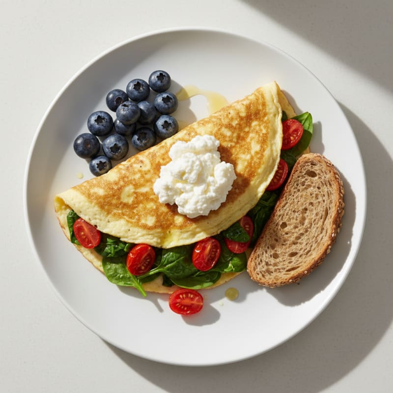 Egg White and Spinach Omelet with Cottage Cheese and Cherry Tomatoes