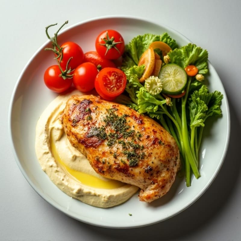 Herb-Roasted Chicken with Creamy Lemon-Garlic Hummus and Crispy Fresh Vegetables