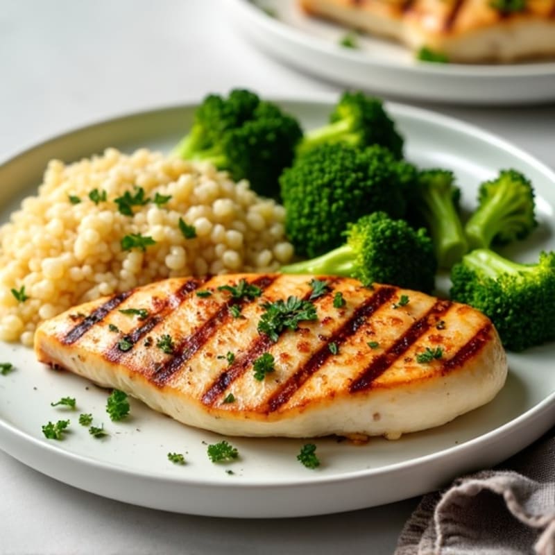 Grilled Lemon Herb Chicken Breast with Quinoa and Steamed Broccoli