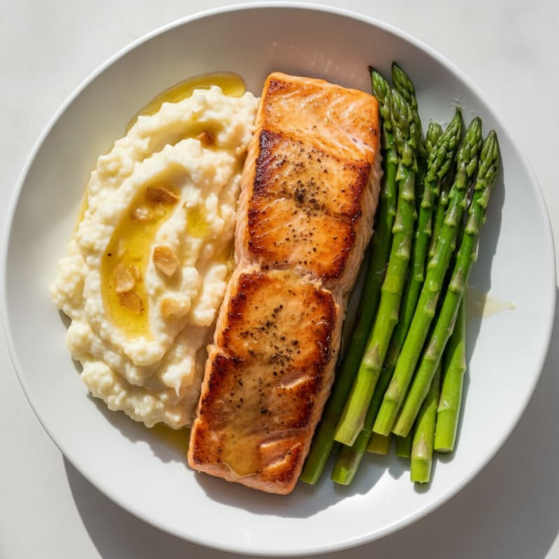 Seared Salmon with Steamed Asparagus and Garlic Mashed Cauliflower
