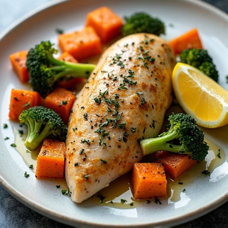 Sheet Pan Lemon Herb Chicken with Crispy Roasted Broccoli and Sweet Potatoes