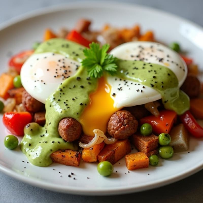 Poached Eggs with Crispy Sweet Potato Hash and Creamy Avocado Sauce