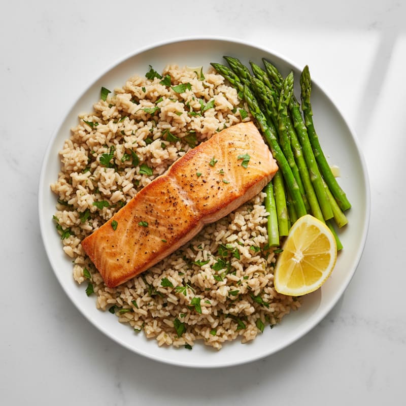 Seared Salmon with Steamed Asparagus and Herbed Brown Rice