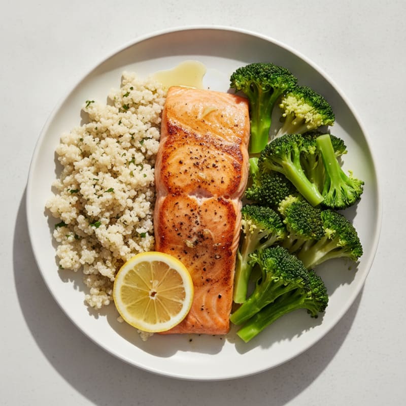 Seared Salmon Fillet with Steamed Broccoli and Quinoa