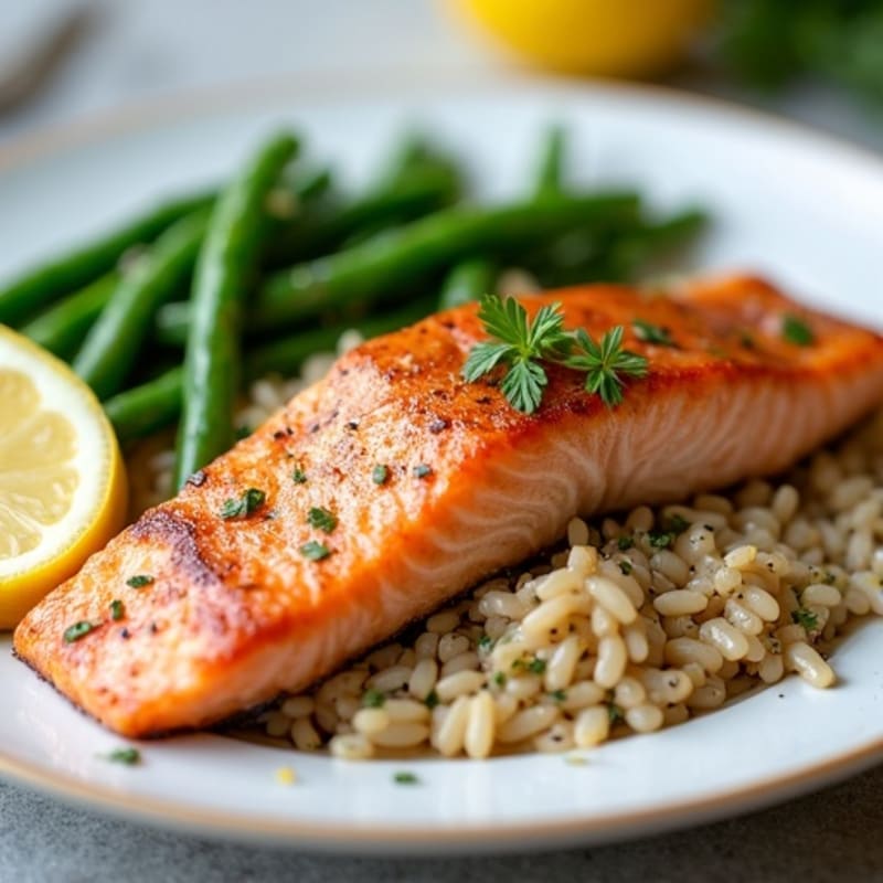 Seared Salmon Fillet with Steamed Green Beans and Herbed Brown Rice