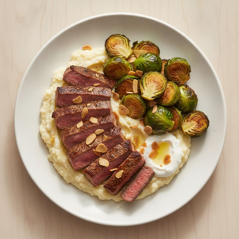 Seared Lean Beef Strips with Roasted Brussels Sprouts and Cauliflower Mash