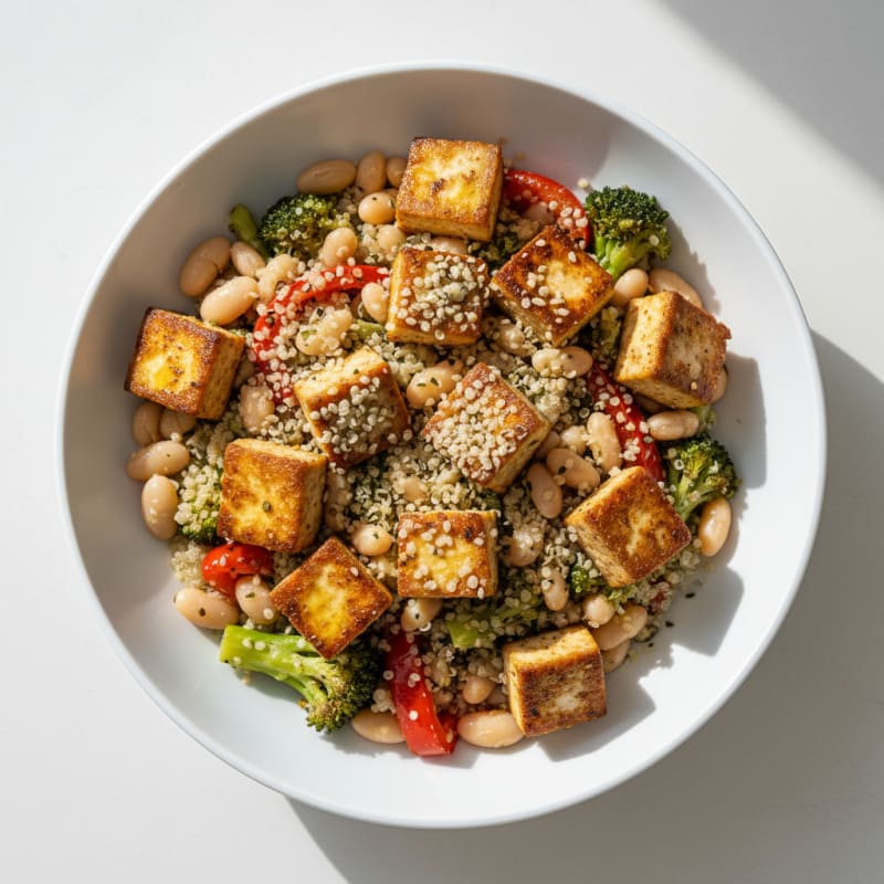 Seared Tofu and White Bean Grain Bowl with Roasted Vegetables