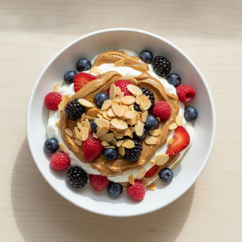 Greek Yogurt Parfait with Almond Butter and Mixed Berries