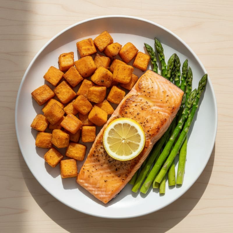 Seared Salmon Fillet with Roasted Sweet Potatoes and Asparagus