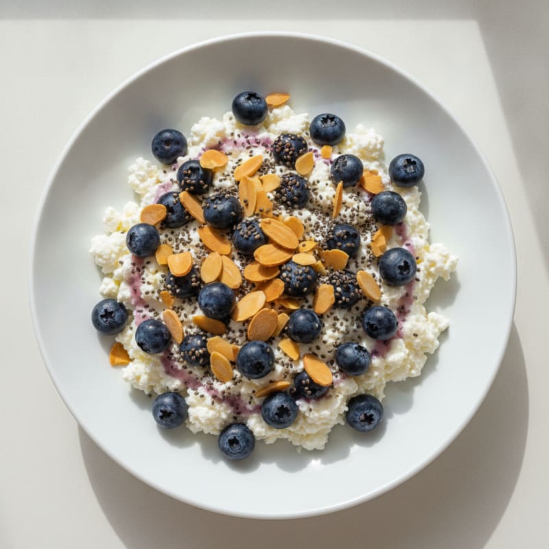 Cottage Cheese Berry Bowl with Almonds and Chia Seeds