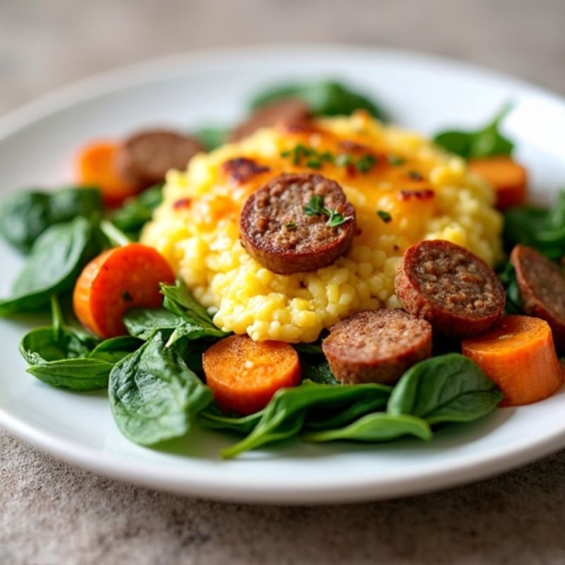 Egg White and Turkey Sausage Scramble with Spinach and Roasted Sweet Potatoes