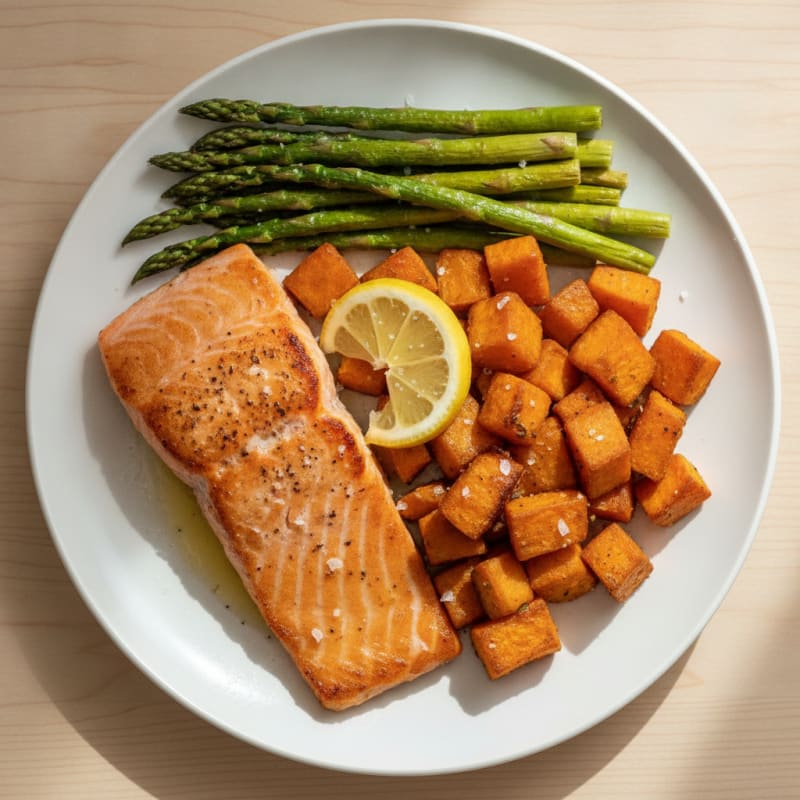 Seared Salmon with Roasted Sweet Potato and Asparagus