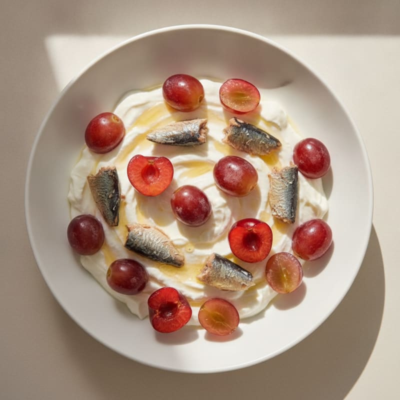 Greek Yogurt Protein Bowl with Cherries, Grapes, and Crumbled Sardines