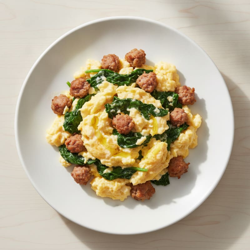 Scrambled Eggs with Turkey Sausage and Sautéed Spinach
