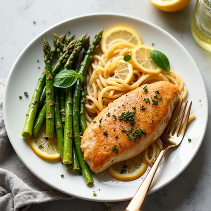 Pan-Seared Lemon Pepper Chicken with Fresh Lemon Herb Pasta and Roasted Asparagus