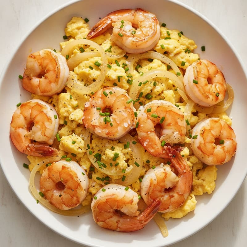Pan-Seared Prawns with Scrambled Eggs and Onions