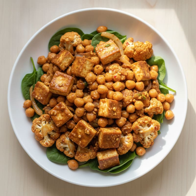 Tofu Chickpea Cauliflower with Spicy Peanut Sauce