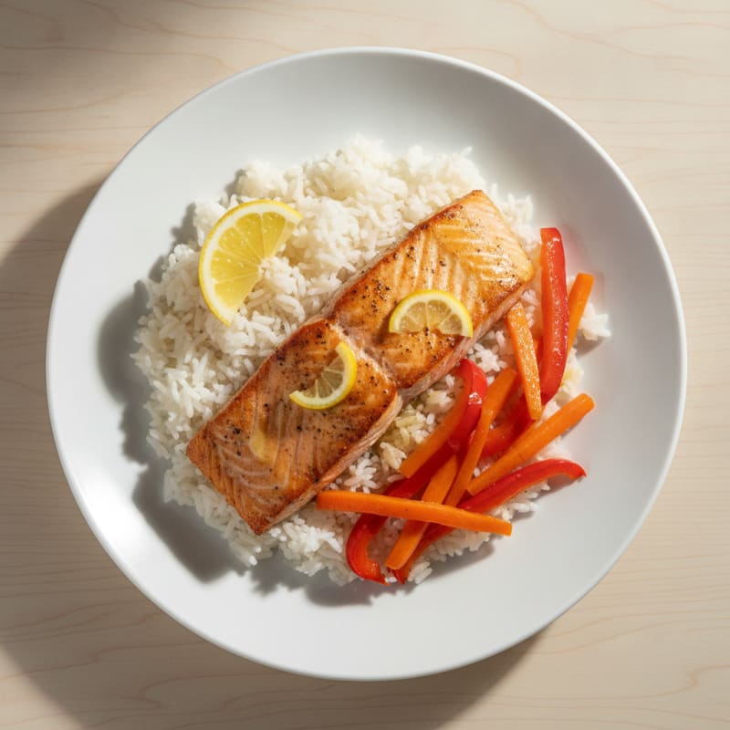 Seared Salmon Fillet with Steamed Rice and Sautéed Bell Peppers