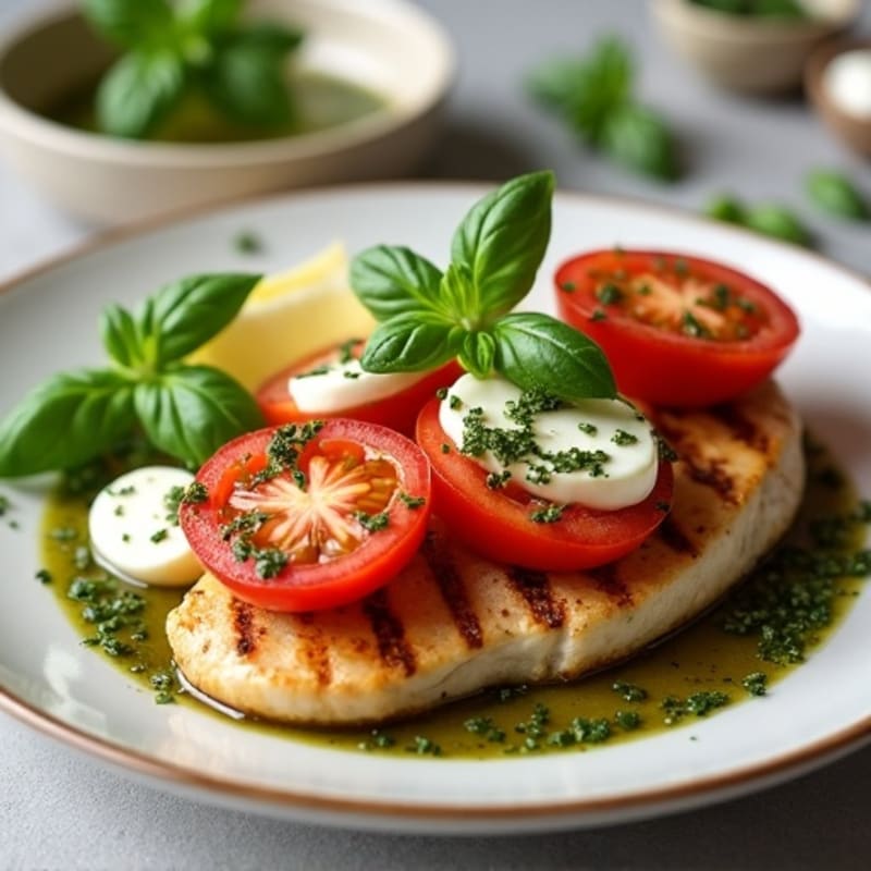 Tender Grilled Chicken with Fresh Tomato, Creamy Mozzarella, and Basil Pesto