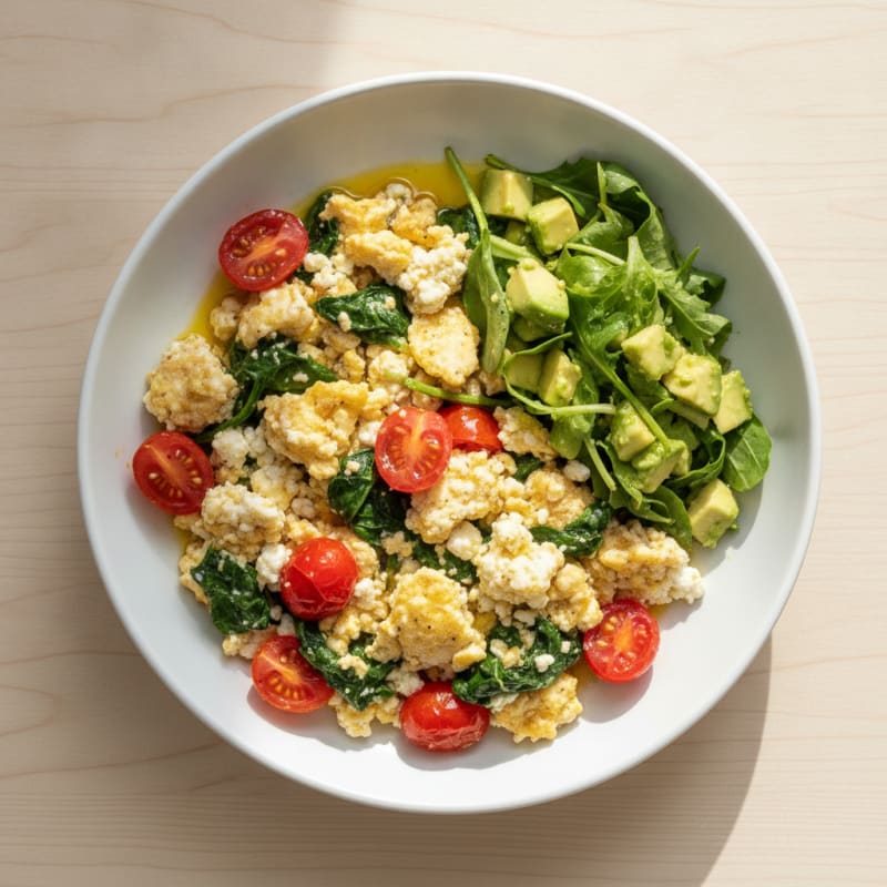 Cottage Cheese Egg Scramble with Spinach and Cherry Tomatoes