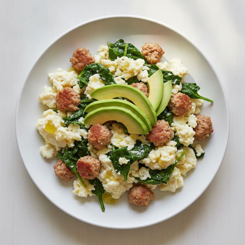 Egg White Scramble with Turkey Sausage and Sautéed Spinach