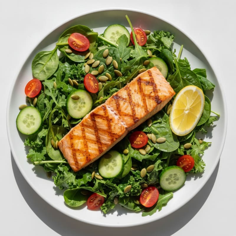 Grilled Salmon Salad with Mixed Greens and Pumpkin Seeds