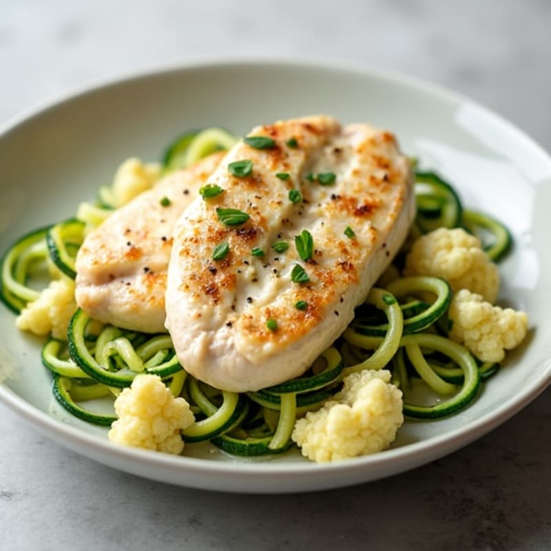 Creamy Cauliflower Alfredo Chicken with Zucchini Noodles