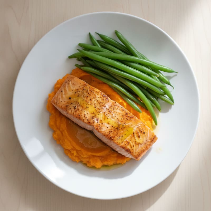 Seared Salmon with Steamed Green Beans and Sweet Potato Mash