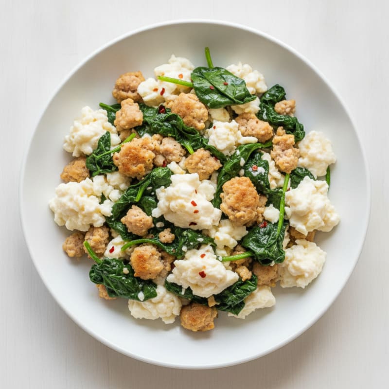 Egg White and Turkey Sausage Scramble with Sautéed Spinach