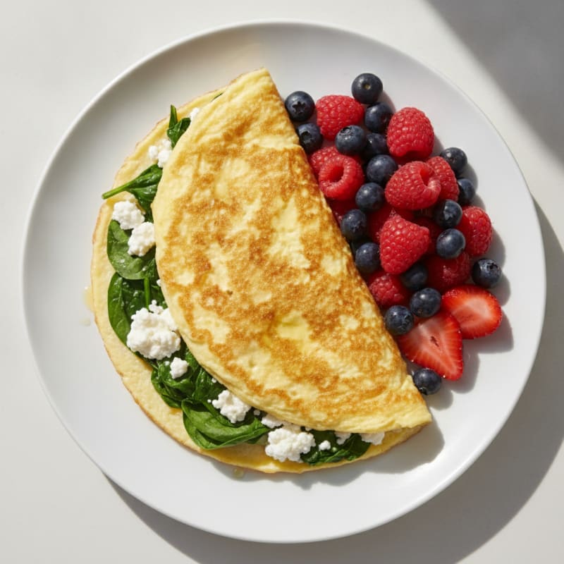 Egg White Spinach Omelette with Cottage Cheese and Fresh Berries