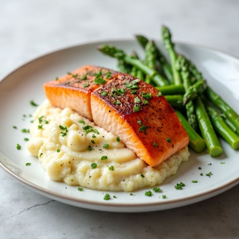 Seared Salmon with Steamed Asparagus and Cauliflower Mash