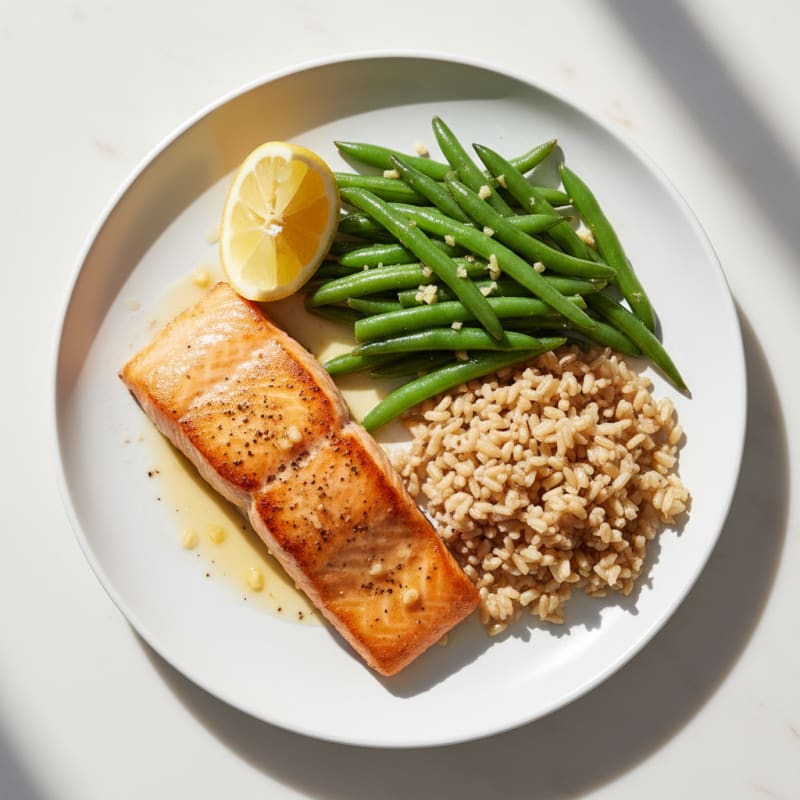Seared Salmon with Garlic Green Beans and Brown Rice