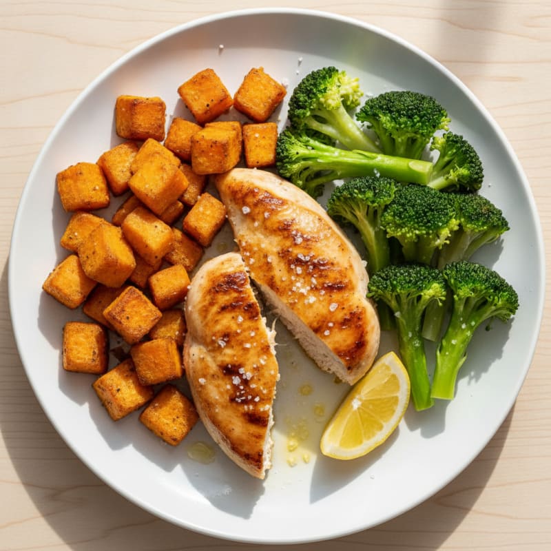 Seared Chicken Breast with Roasted Sweet Potato and Steamed Broccoli