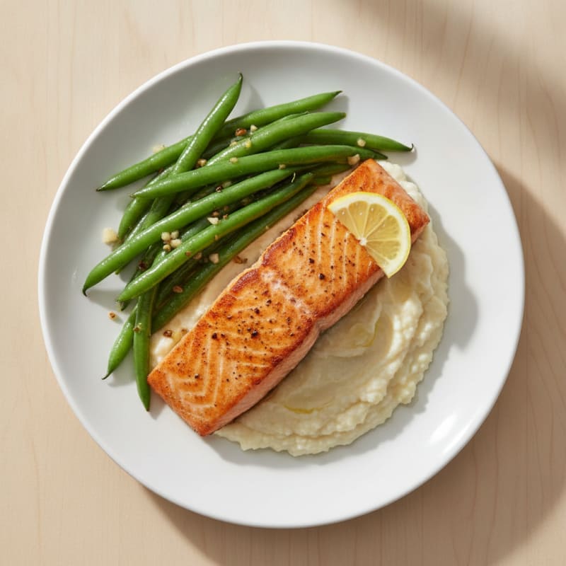 Seared Salmon Fillet with Garlic Green Beans and Cauliflower Mash