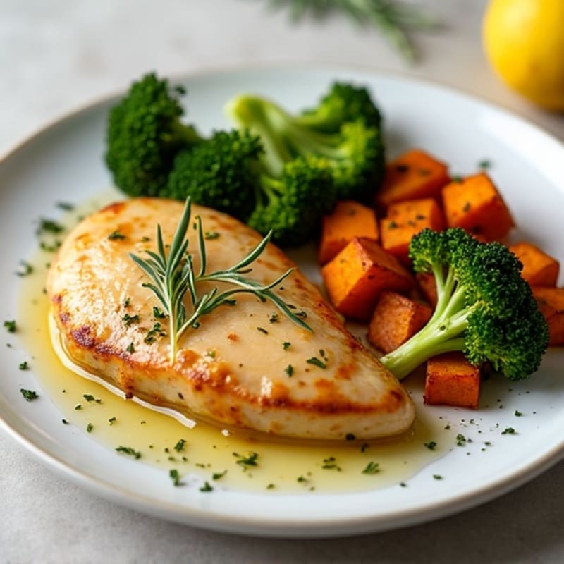 Lemon Herb Roasted Chicken with Crispy Roasted Broccoli and Sweet Potato