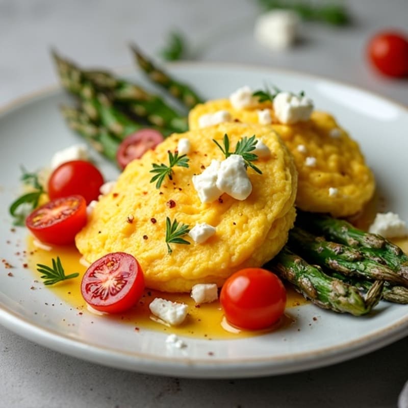 Fluffy Scrambled Eggs with Roasted Asparagus and Cherry Tomatoes