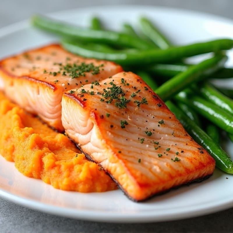 Seared Salmon with Steamed Green Beans and Sweet Potato Mash
