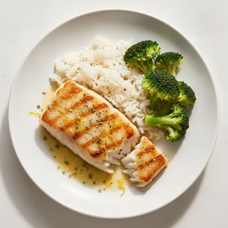 Grilled Lemon Herb Fish with Steamed Rice and Broccoli