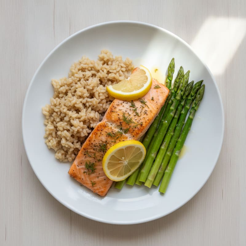 Baked Salmon with Steamed Asparagus and Brown Rice