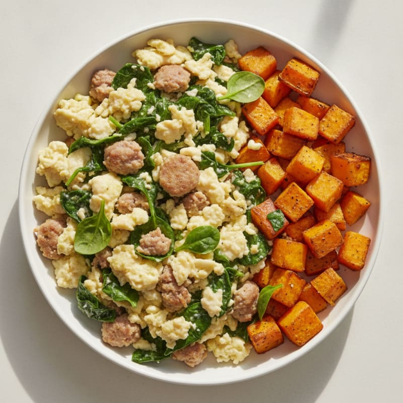 Egg White and Turkey Sausage Scramble with Spinach and Roasted Sweet Potato